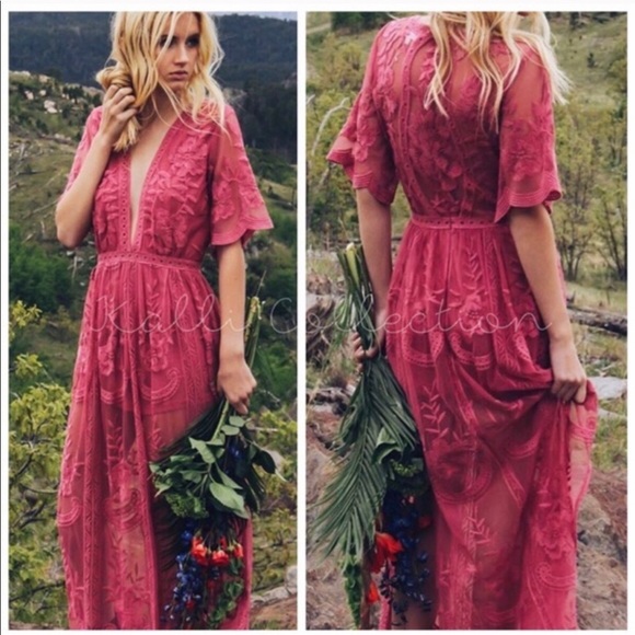 SALE🌷Boho floral lacy romper maxi dress wine - Picture 4 of 5